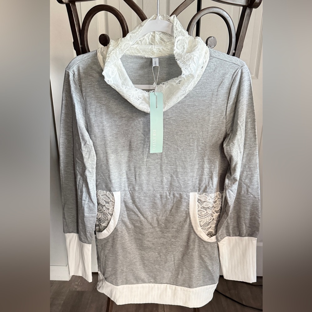 Elegant Gray Women's LS Shirt with Lace Neck and Trim